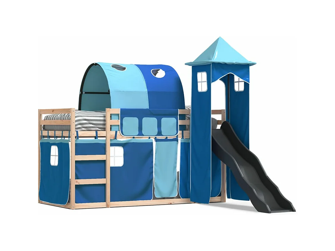 Lit superposé avec toboggan et rideaux bleu 90x190 cm FR84919