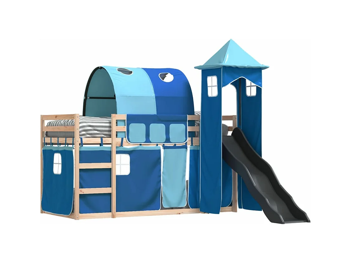 Lit superposé avec toboggan et rideaux bleu 90x190 cm FR84919