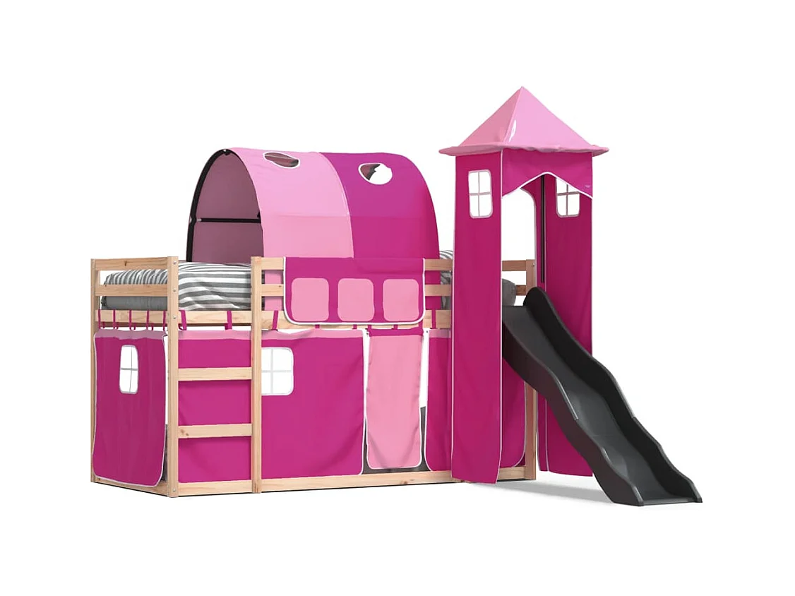 Lit superposé avec toboggan et rideaux rose 90x190 cm FR59958