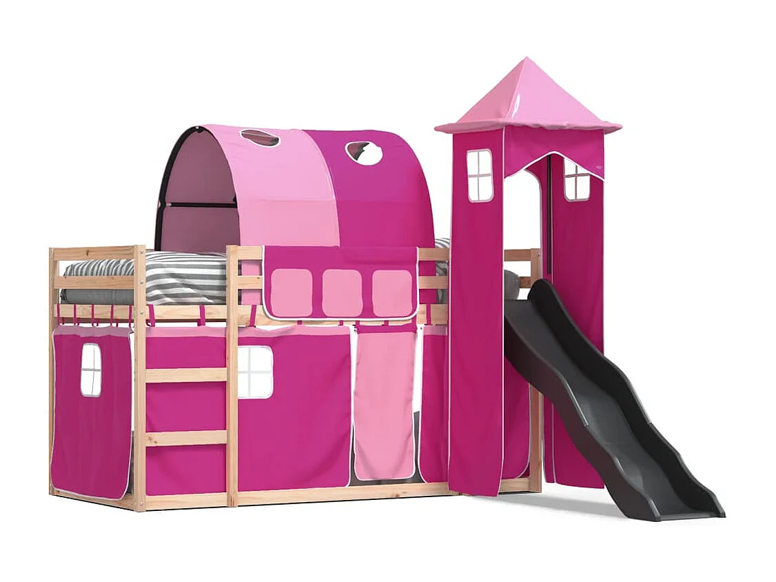 Lit superposé avec toboggan et rideaux rose 90x190 cm FR59958