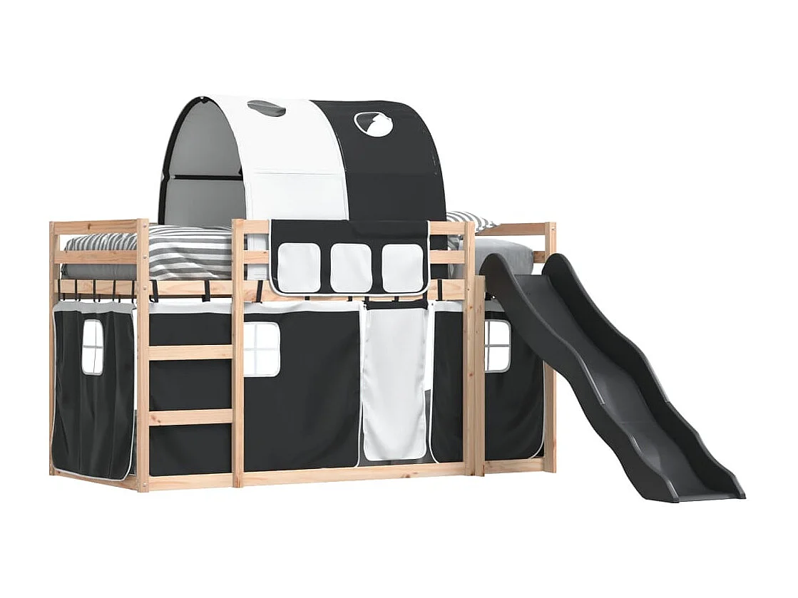 Lit superposé avec toboggan et rideaux blanc et noir 80x200 cm FR48515