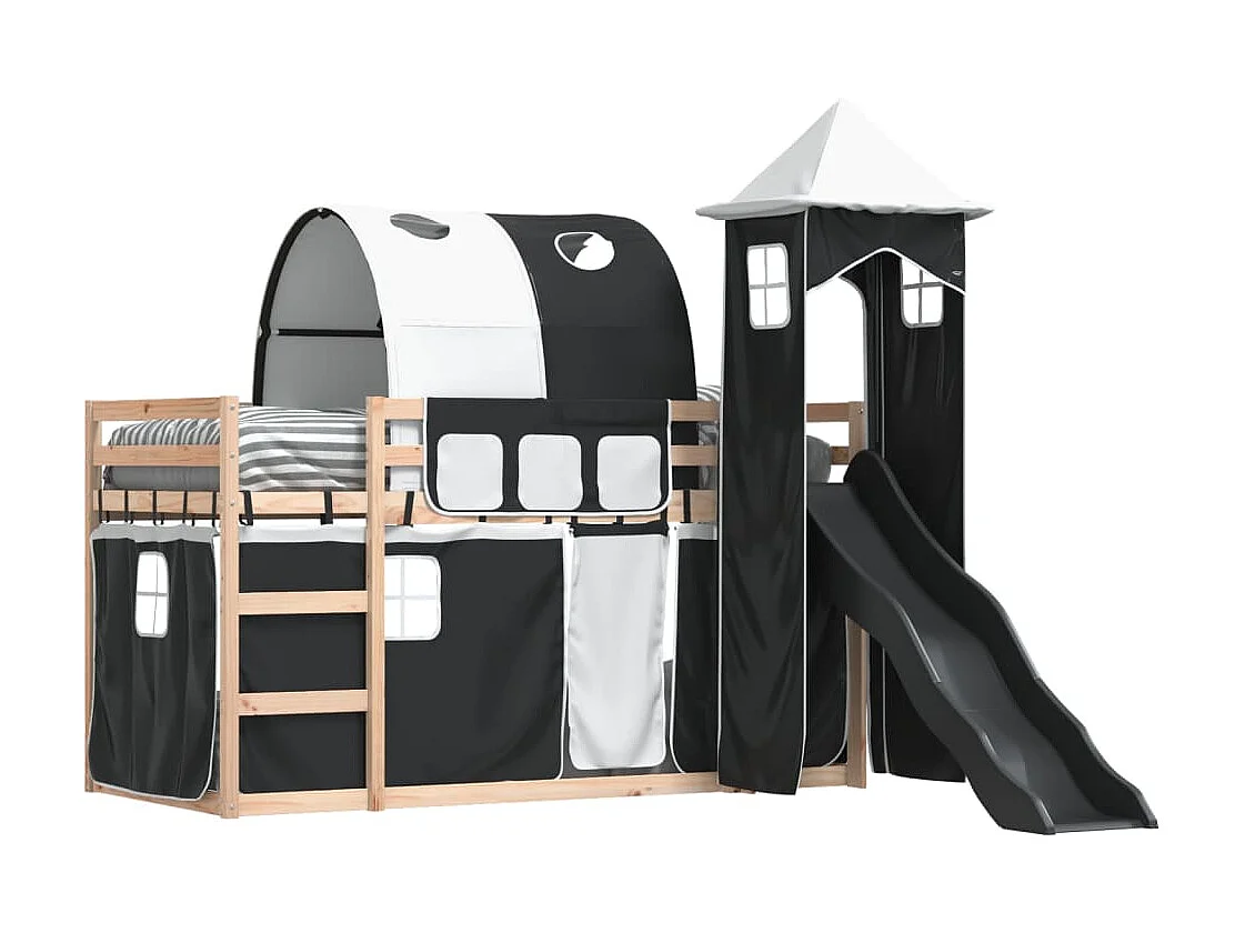 Lit superposé avec toboggan et rideaux blanc et noir 90x200 cm FR68309