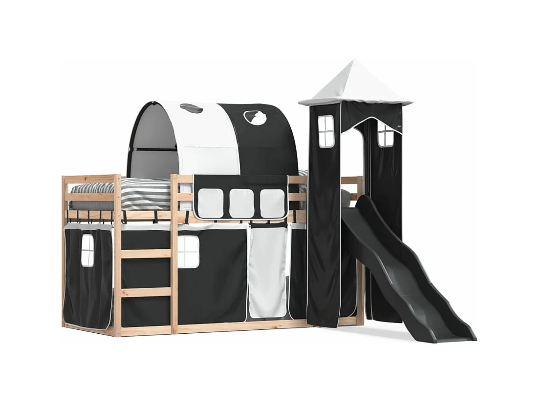 Lit superposé avec toboggan et rideaux blanc et noir 90x200 cm FR68309