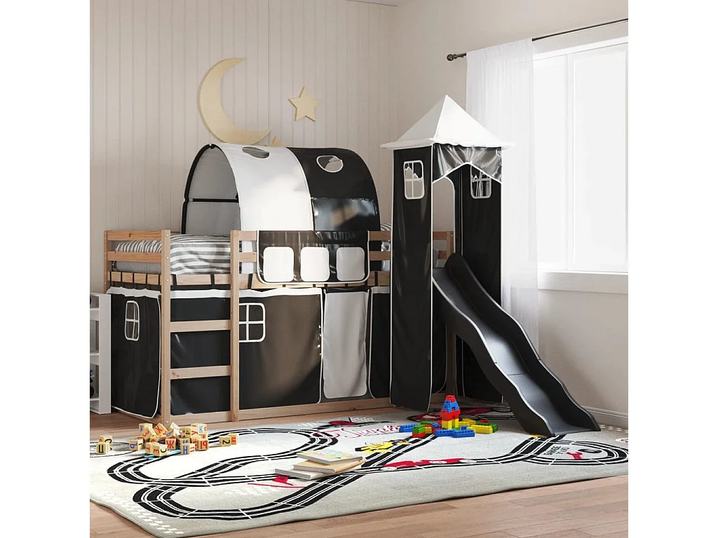 Litera con tobogán y cortinas blanco y negro 90x200 cm ES547814