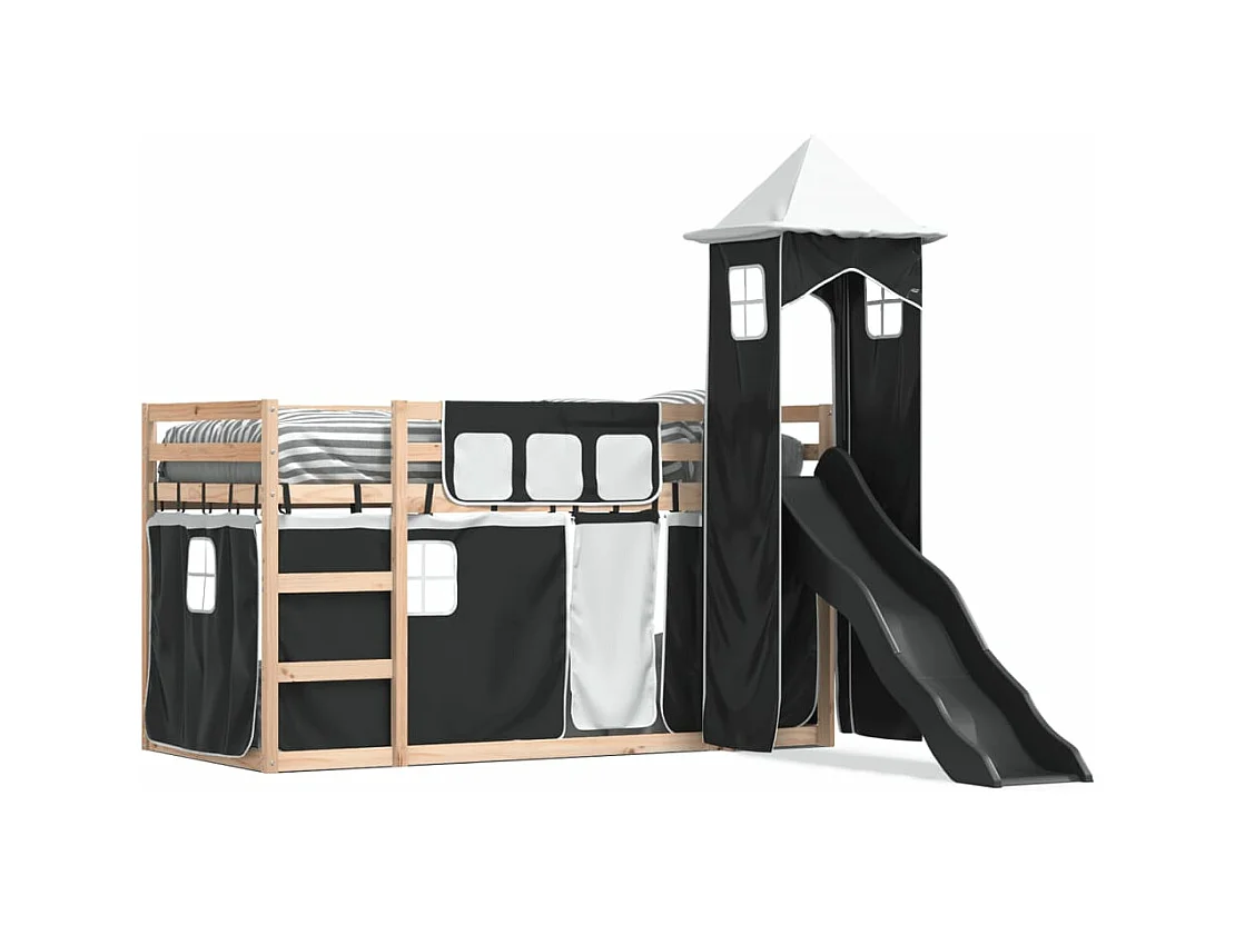 Lit superposé avec toboggan et rideaux blanc et noir 90x200 cm FR68725