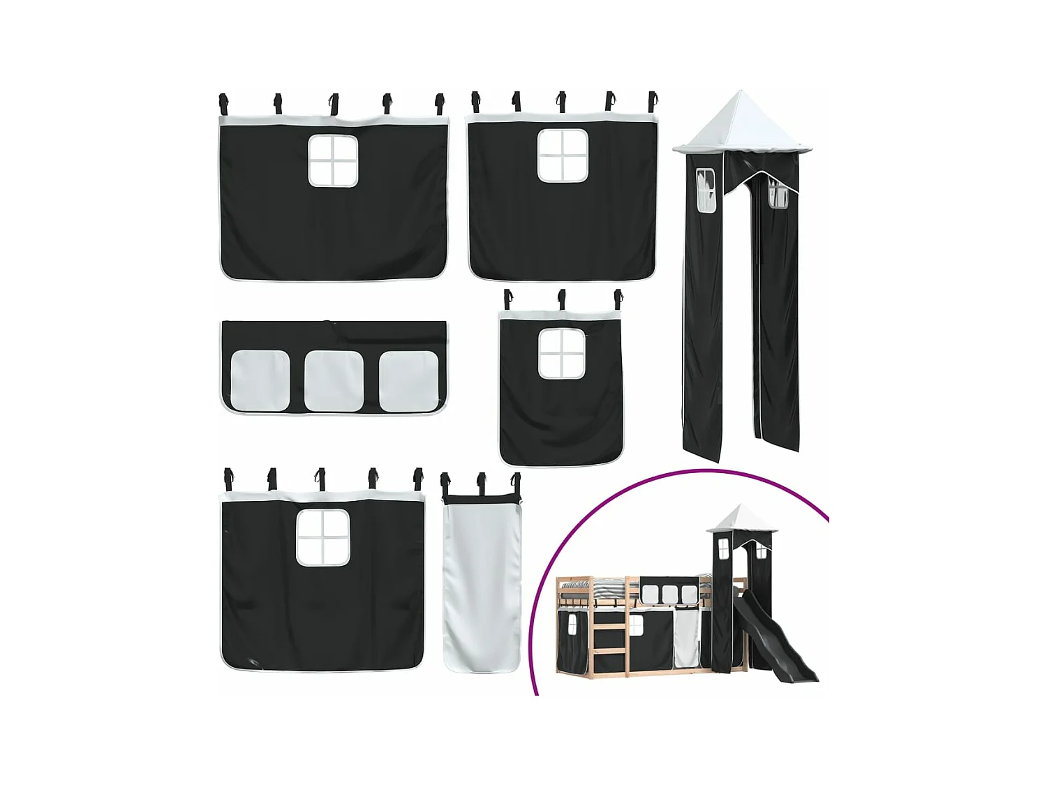 Stapelbed met glijbaan en gordijnen wit en zwart 90x200 cm BE257251