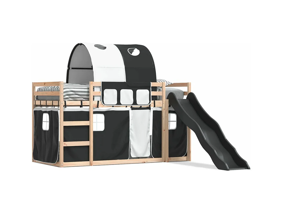 Lit superposé avec toboggan et rideaux blanc et noir 90x200 cm FR24777