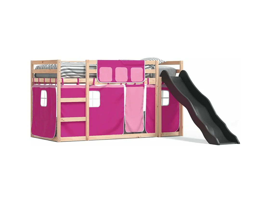Lit superposé avec toboggan et rideaux rose 90x190 cm FR97371