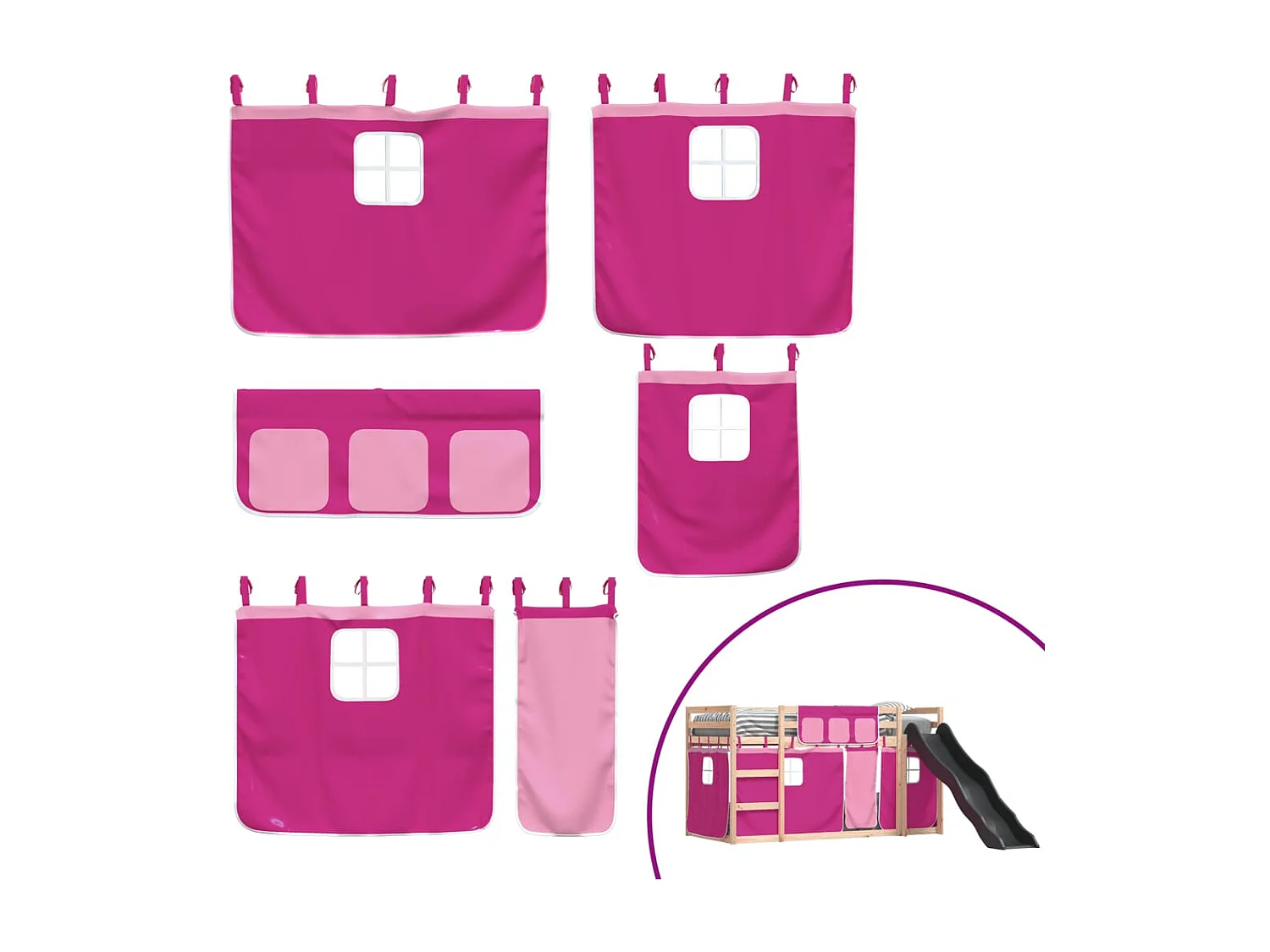 Lit superposé avec toboggan et rideaux rose 90x190 cm FR97371