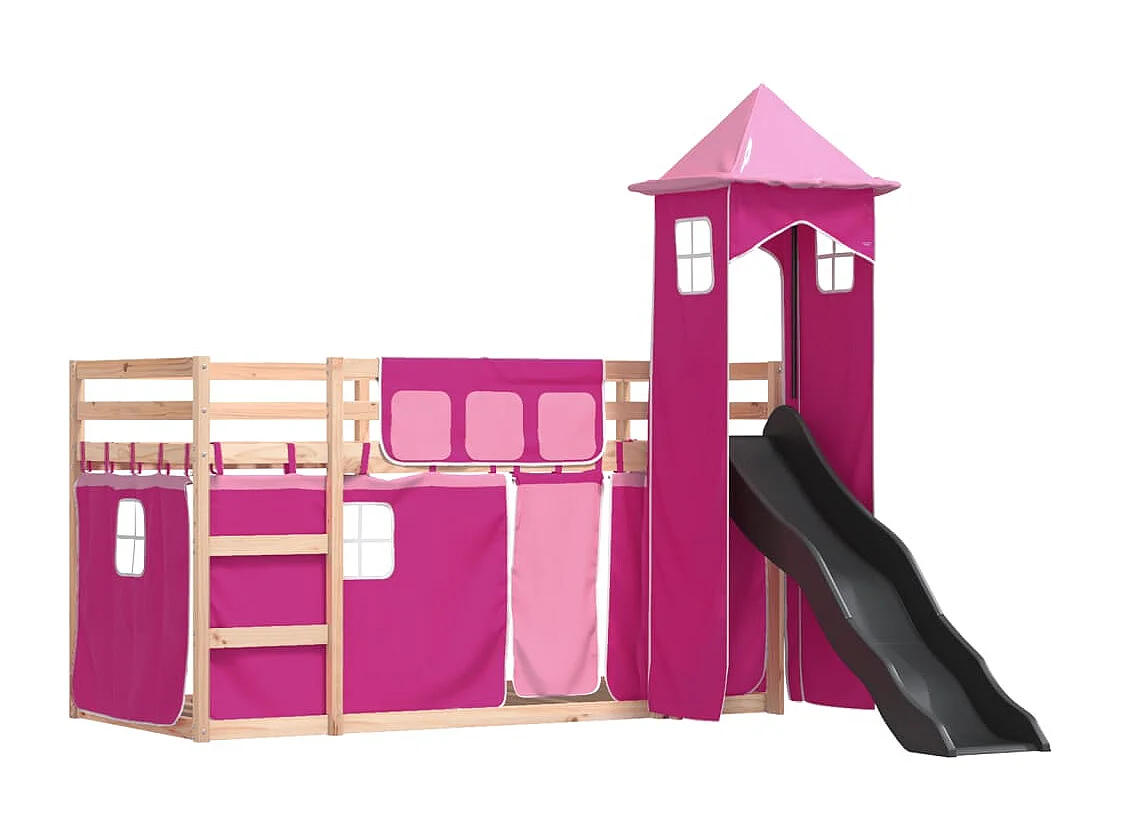 Lit superposé avec toboggan et rideaux rose 80x200 cm FR44766