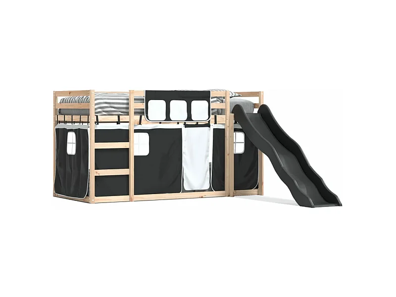 Lit superposé avec toboggan et rideaux blanc et noir 90x190 cm FR97189
