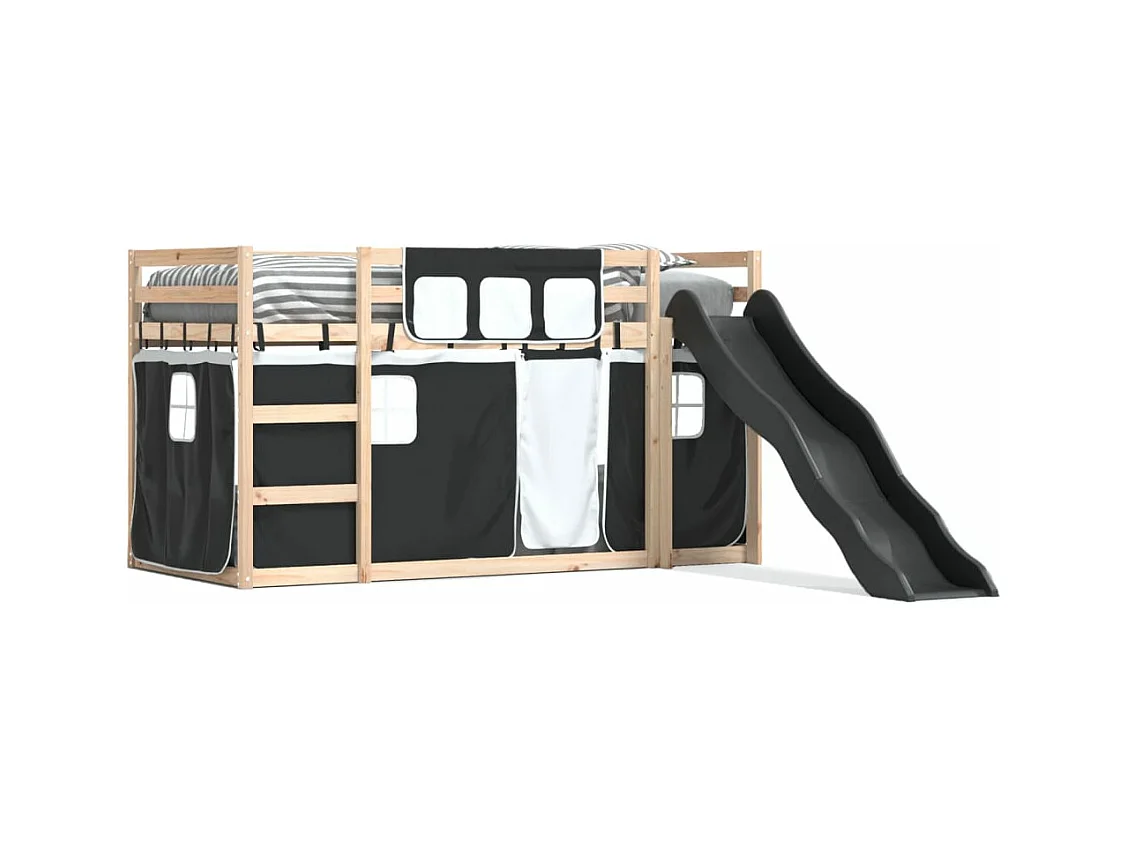 Lit superposé avec toboggan et rideaux blanc et noir 90x190 cm FR97189