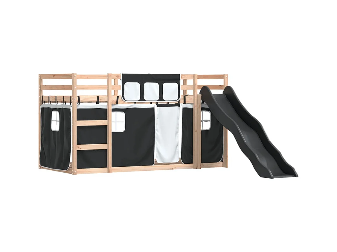 Lit superposé avec toboggan et rideaux blanc et noir 90x190 cm FR97189