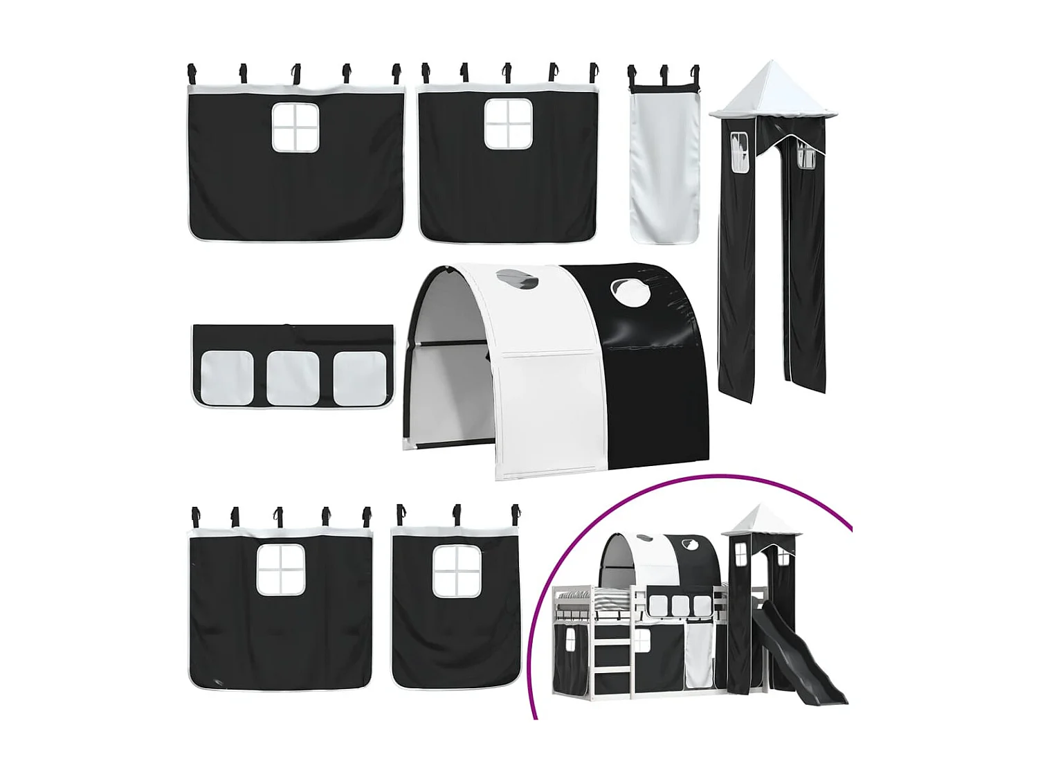 Beliche - 80x200 cm com escorrega e cortinas branco e preto PT305919