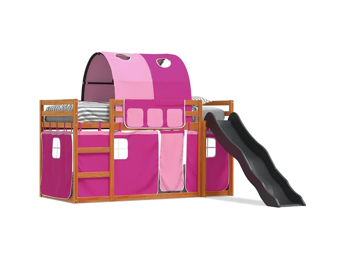 Lit superposé avec toboggan et rideaux rose 90x200 cm FR58233