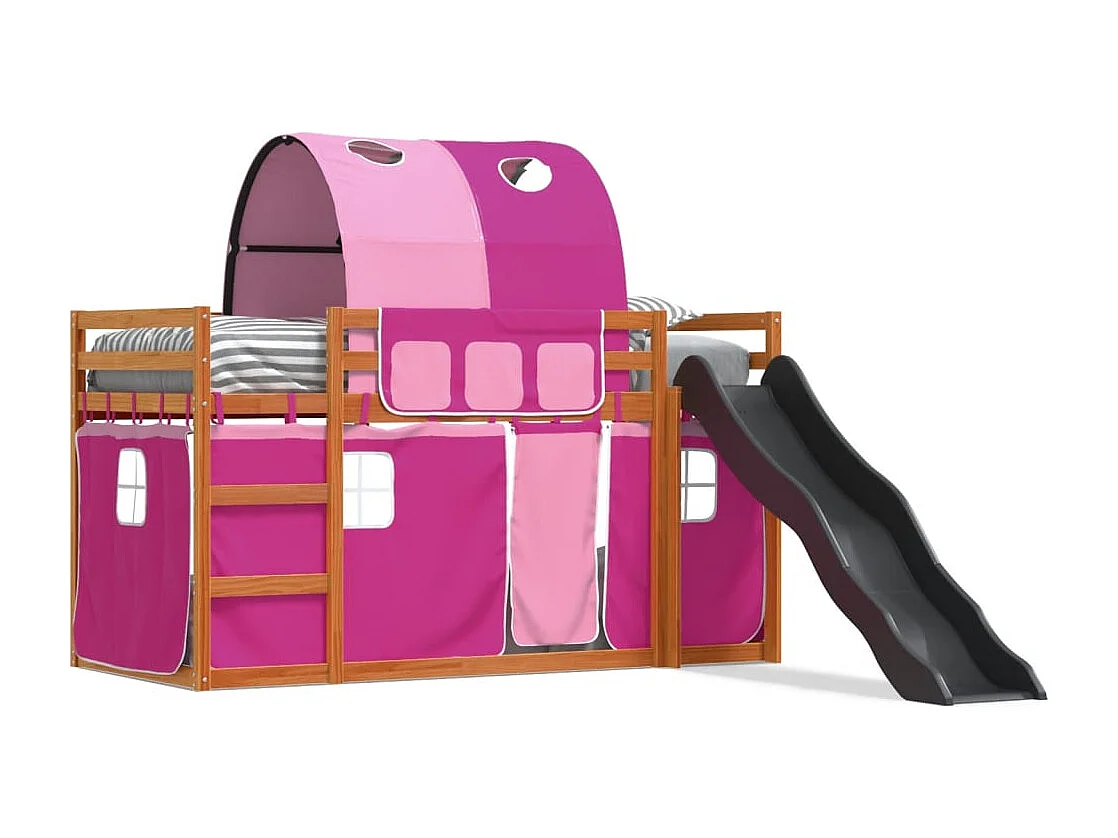 Lit superposé avec toboggan et rideaux rose 90x200 cm FR58233