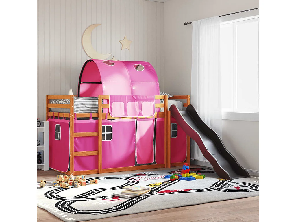 Lit superposé avec toboggan et rideaux rose 90x200 cm FR58233