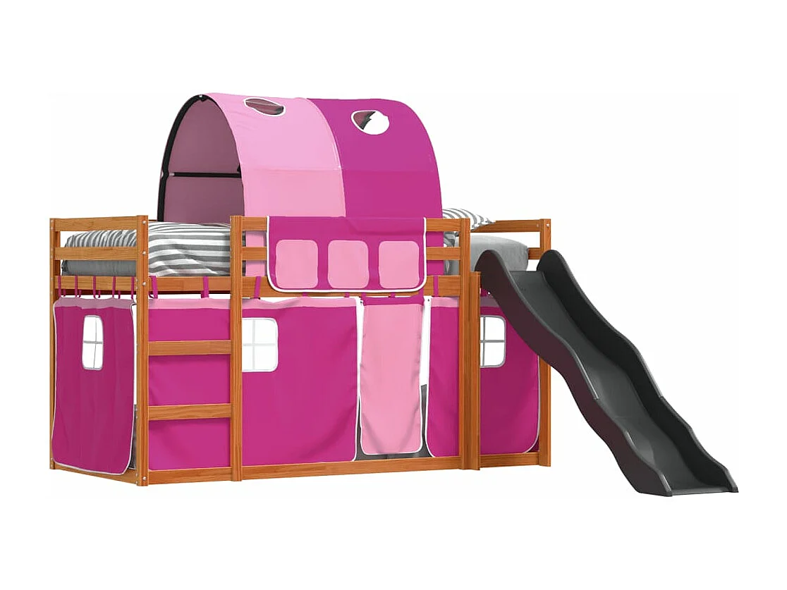 Lit superposé avec toboggan et rideaux rose 90x200 cm FR58233