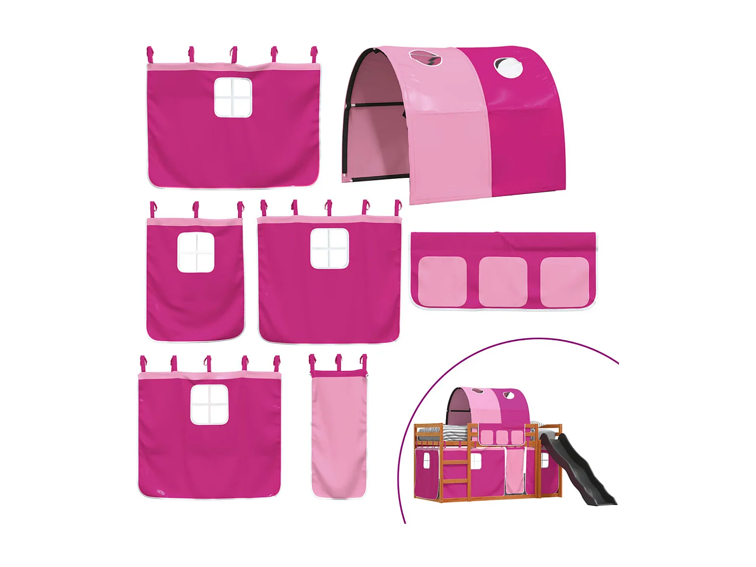 Lit superposé avec toboggan et rideaux rose 90x200 cm FR58233