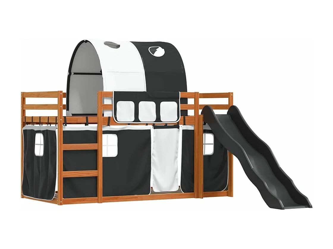 Lit superposé avec toboggan et rideaux blanc et noir 90x200 cm FR49101