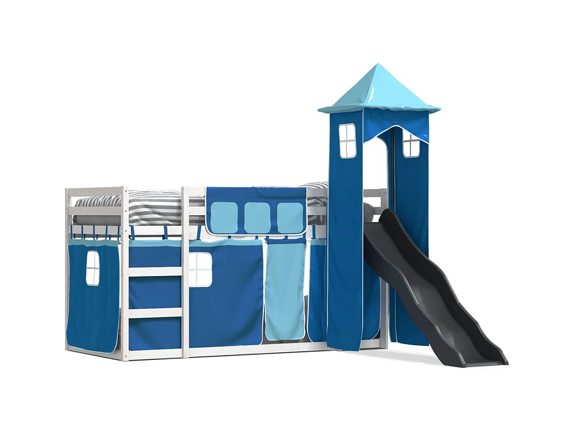 Lit superposé avec toboggan et rideaux bleu 80x200 cm FR45629