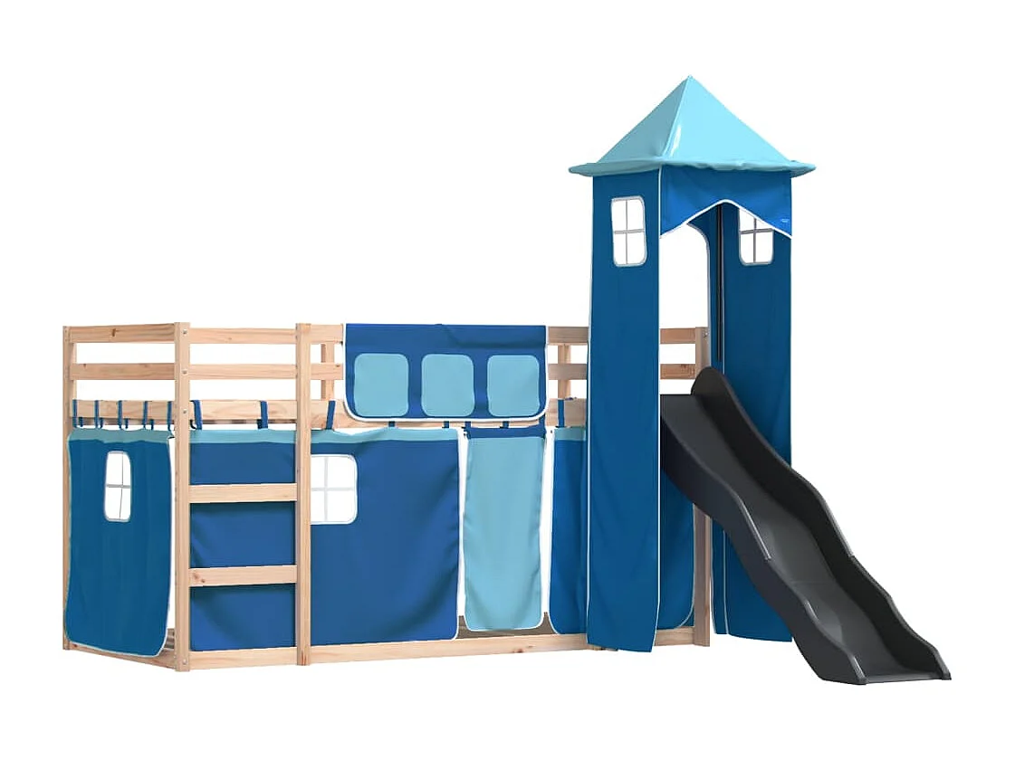Lit superposé avec toboggan et rideaux bleu 80x200 cm FR29687