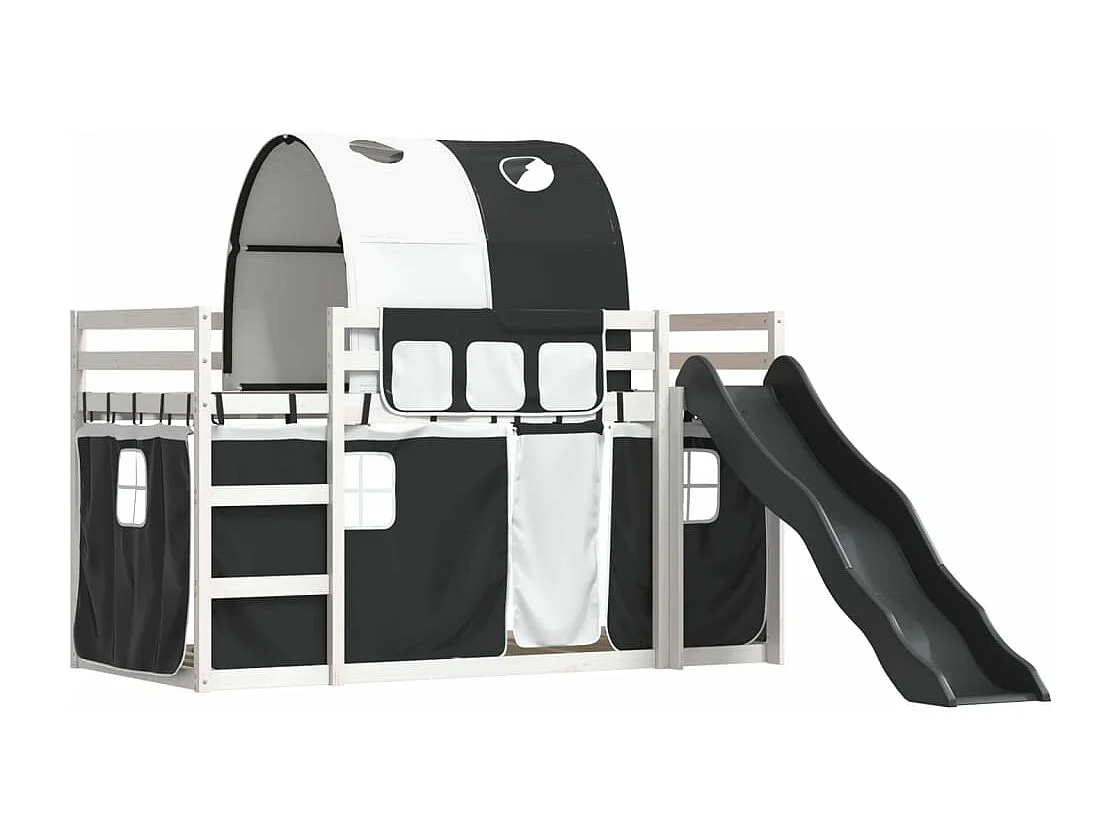 Lit superposé avec toboggan et rideaux blanc et noir 80x200 cm FR89145