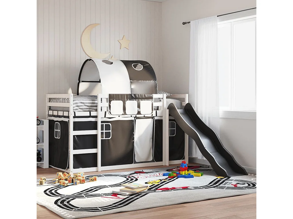 Lit superposé avec toboggan et rideaux blanc et noir 80x200 cm FR89145