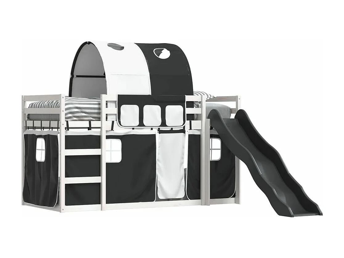 Lit superposé avec toboggan et rideaux blanc et noir 80x200 cm FR89145