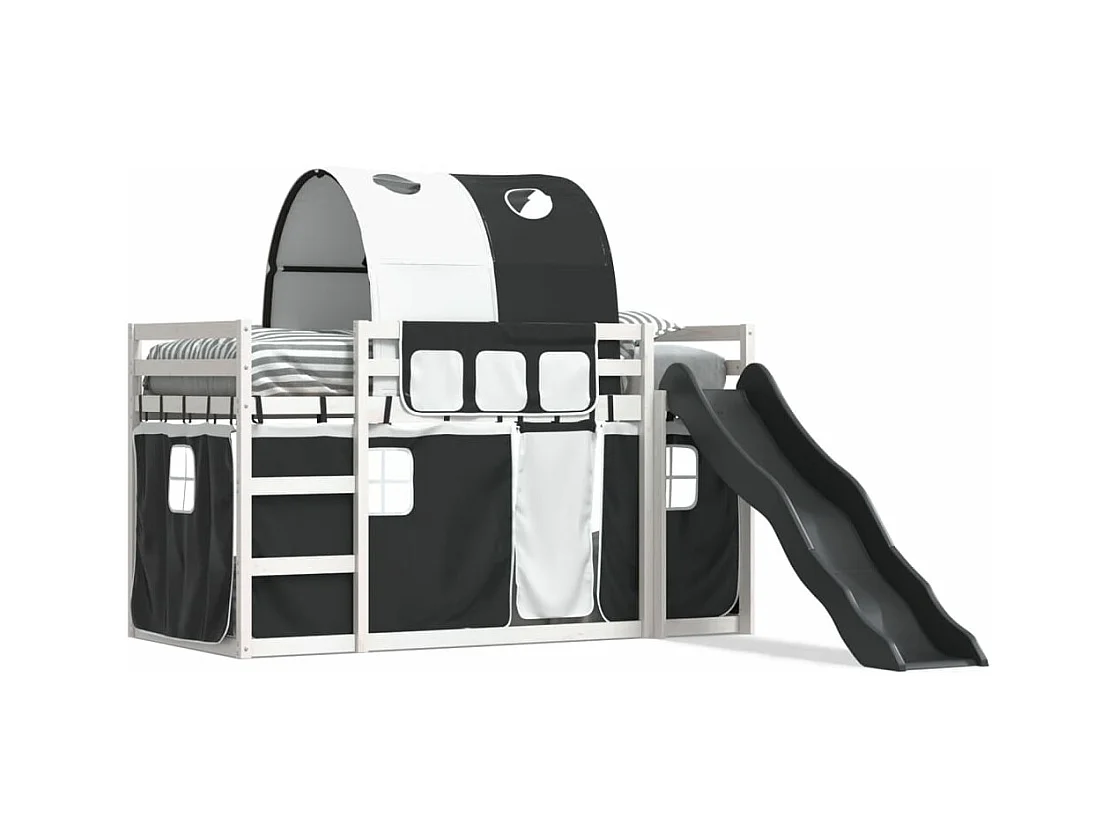 Lit superposé avec toboggan et rideaux blanc et noir 80x200 cm FR89145