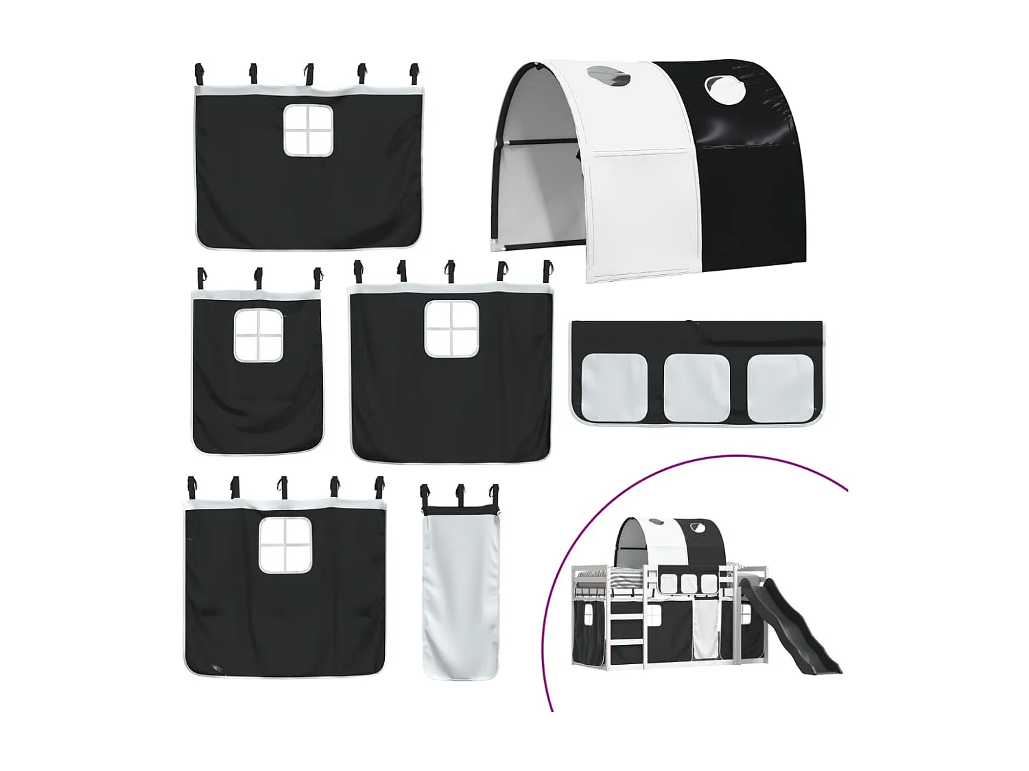 Lit superposé avec toboggan et rideaux blanc et noir 80x200 cm FR89145