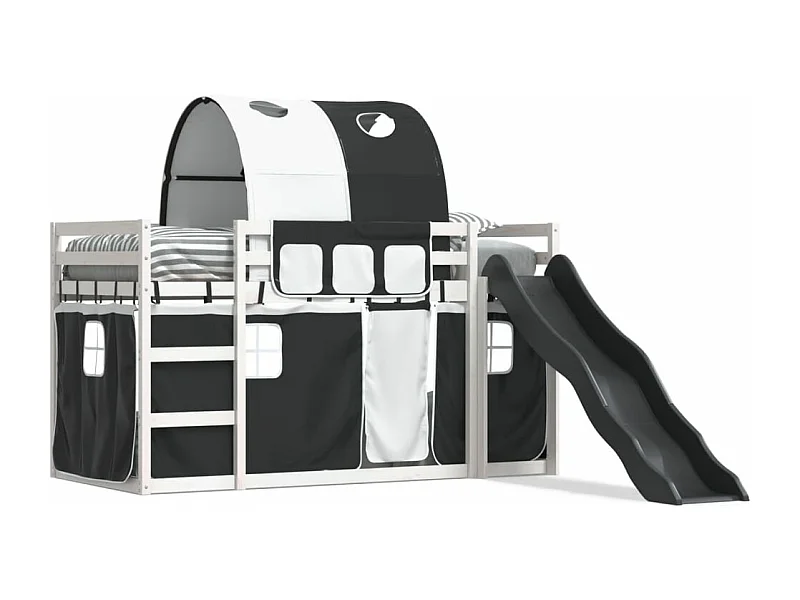 Lit superposé avec toboggan et rideaux blanc et noir 80x200 cm FR89145