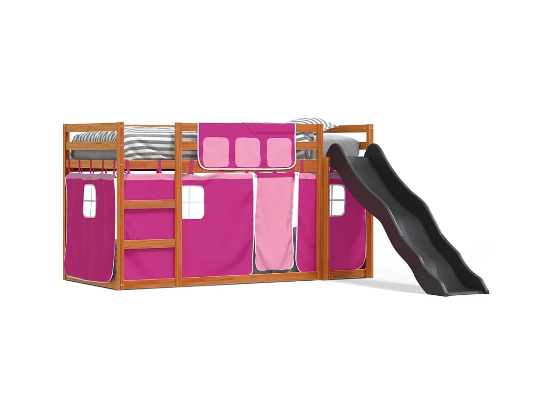 Lit superposé avec toboggan et rideaux rose 90x200 cm FR28275
