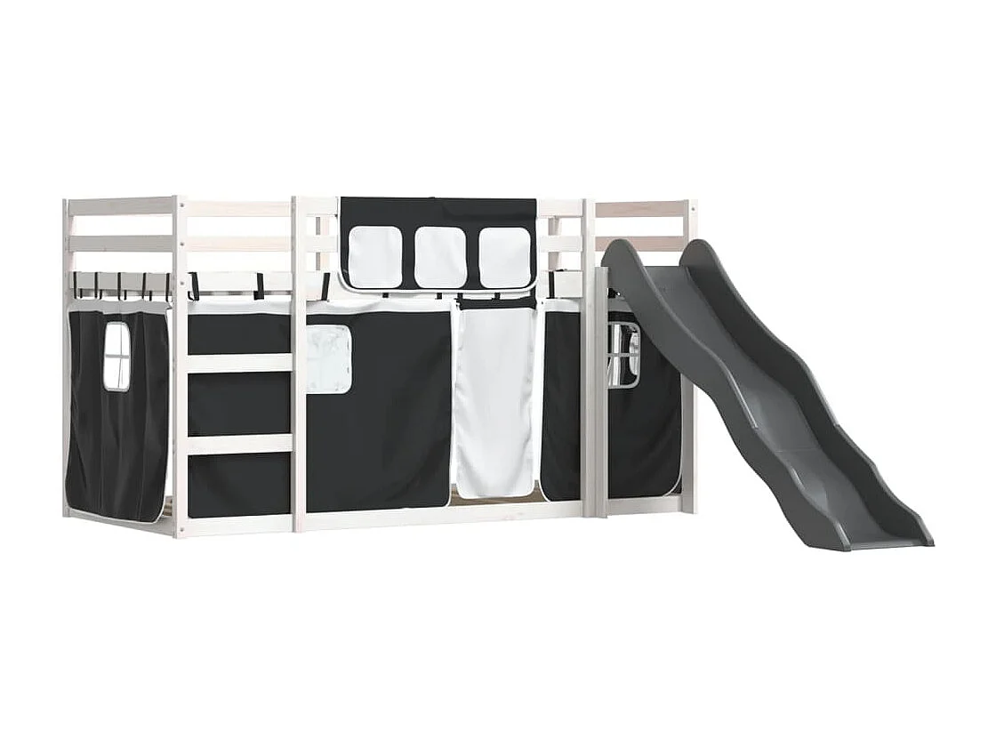 Lit superposé avec toboggan et rideaux blanc et noir 80x200 cm FR35649