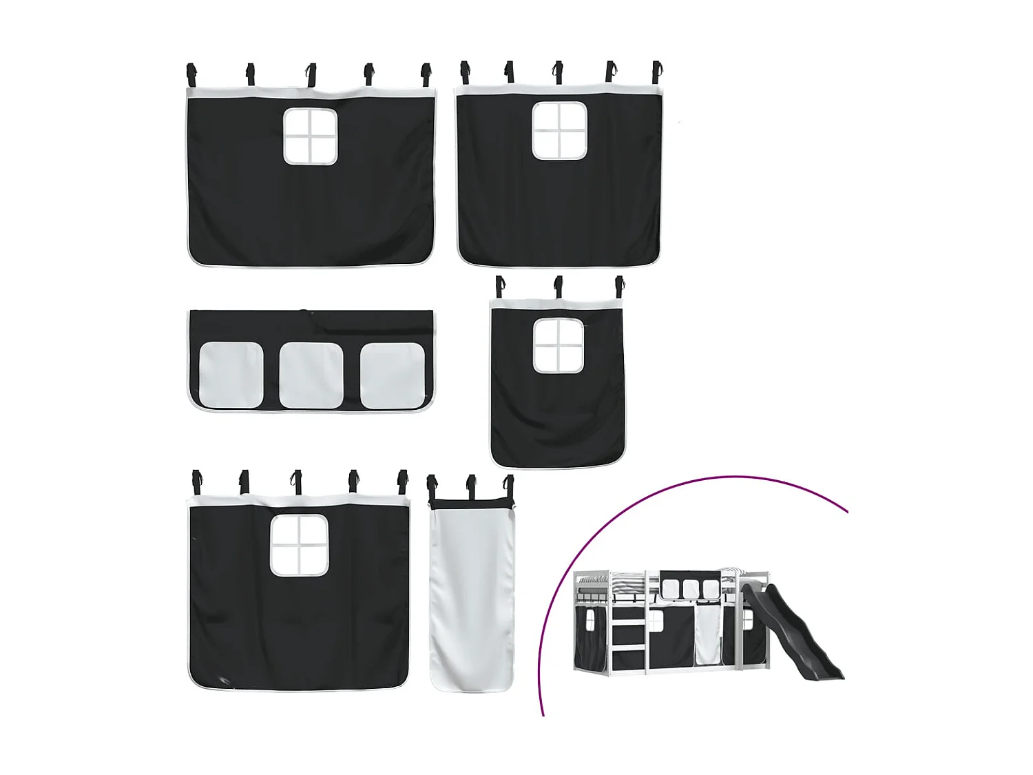 Lit superposé avec toboggan et rideaux blanc et noir 80x200 cm FR35649