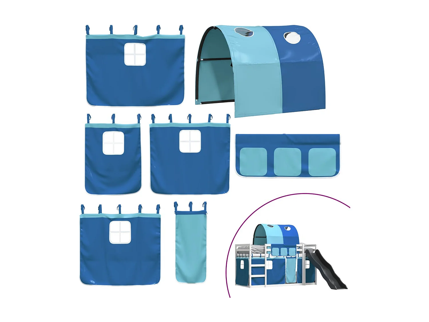 Lit superposé avec toboggan et rideaux bleu 90x200 cm FR20966