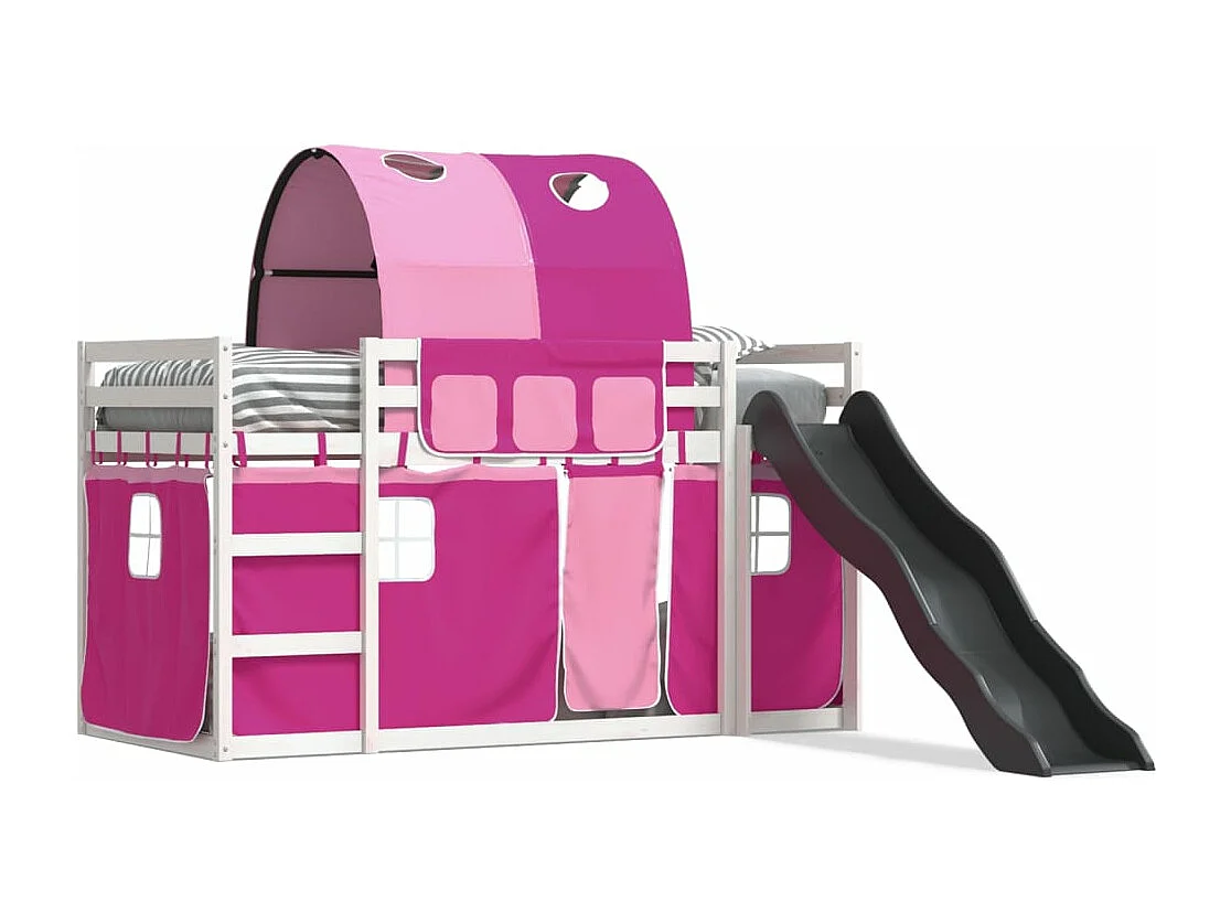 Lit superposé avec toboggan et rideaux rose 80x200 cm FR44967
