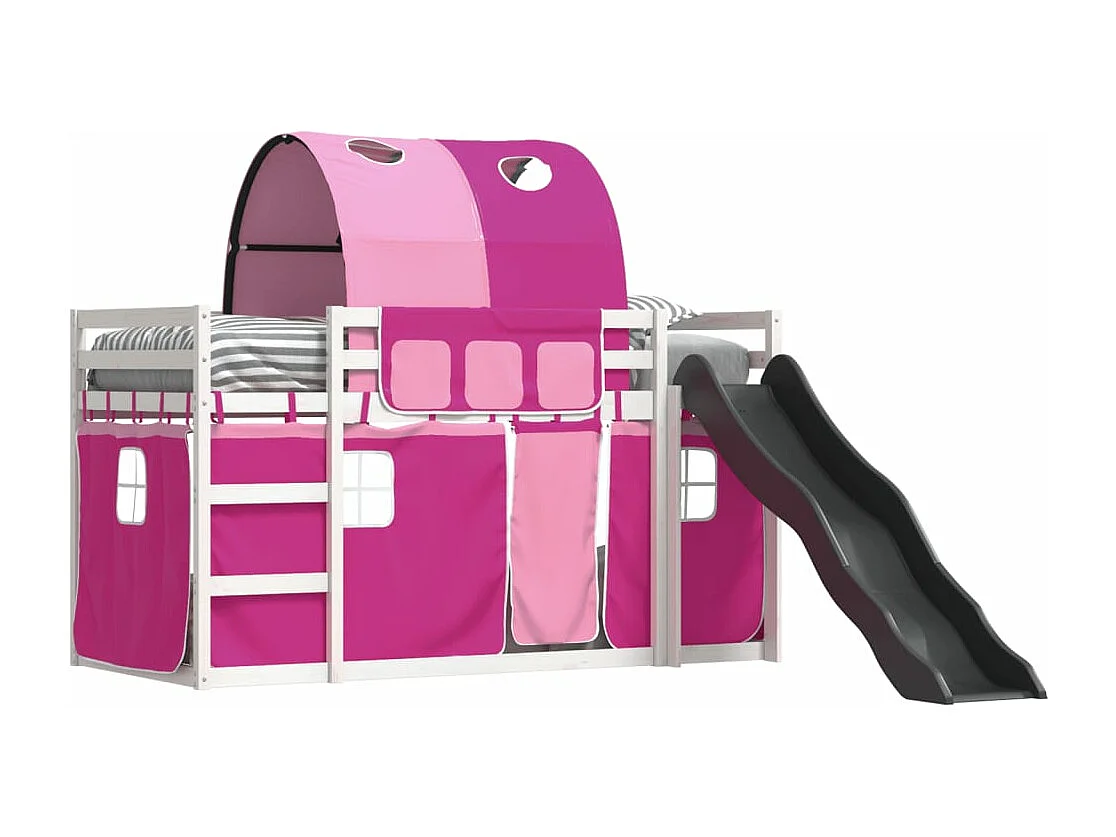 Lit superposé avec toboggan et rideaux rose 80x200 cm FR44967