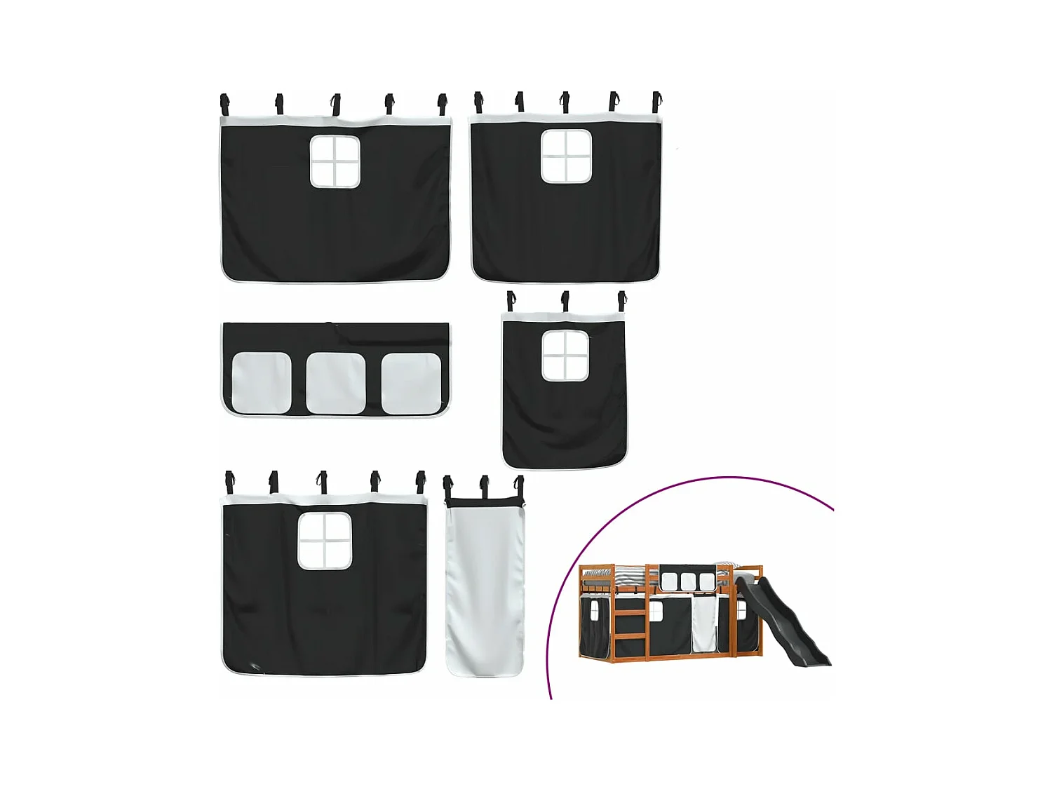 Stapelbed met glijbaan en gordijnen wit en zwart 90x200 cm BE968110