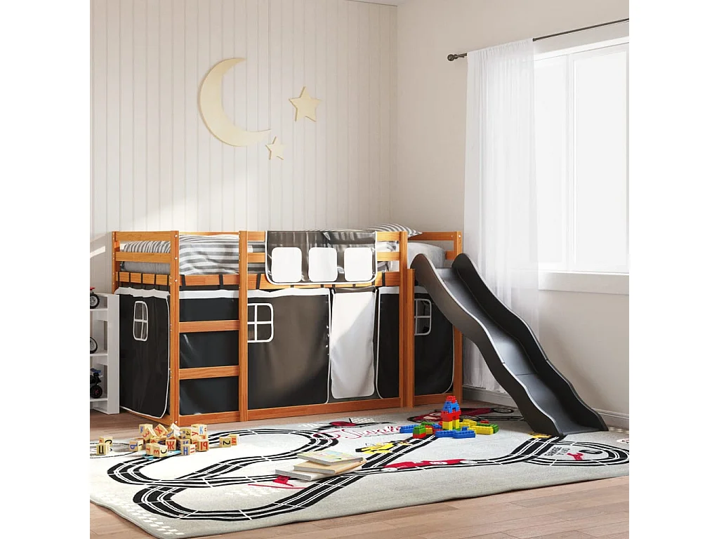 Litera con tobogán y cortinas blanco y negro 90x200 cm ES878676