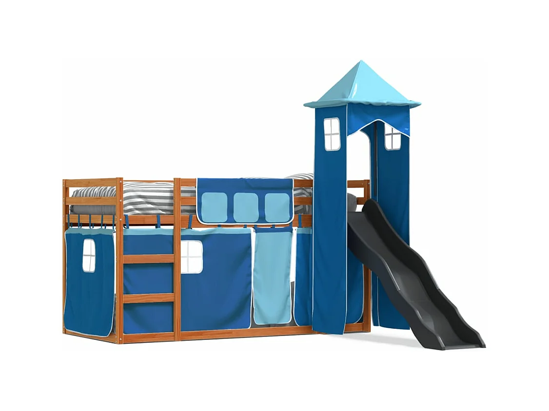 Lit superposé avec toboggan et rideaux bleu 90x200 cm FR49498