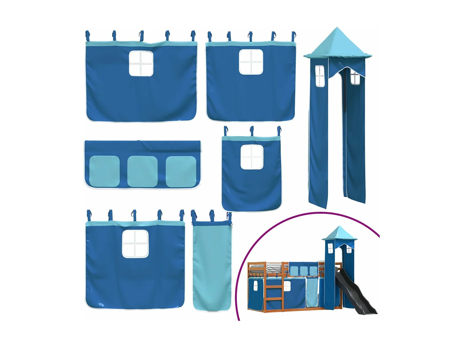 Lit superposé avec toboggan et rideaux bleu 90x200 cm FR49498