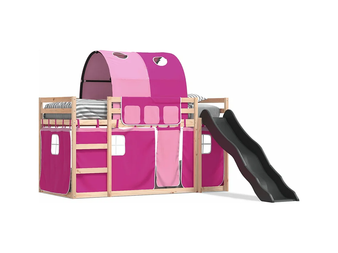 Lit superposé avec toboggan et rideaux rose 90x190 cm FR13046