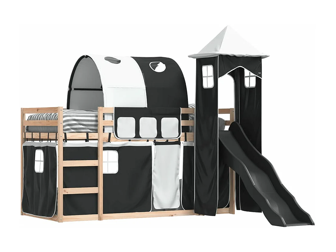 Lit superposé avec toboggan et rideaux blanc et noir 90x190 cm FR68052