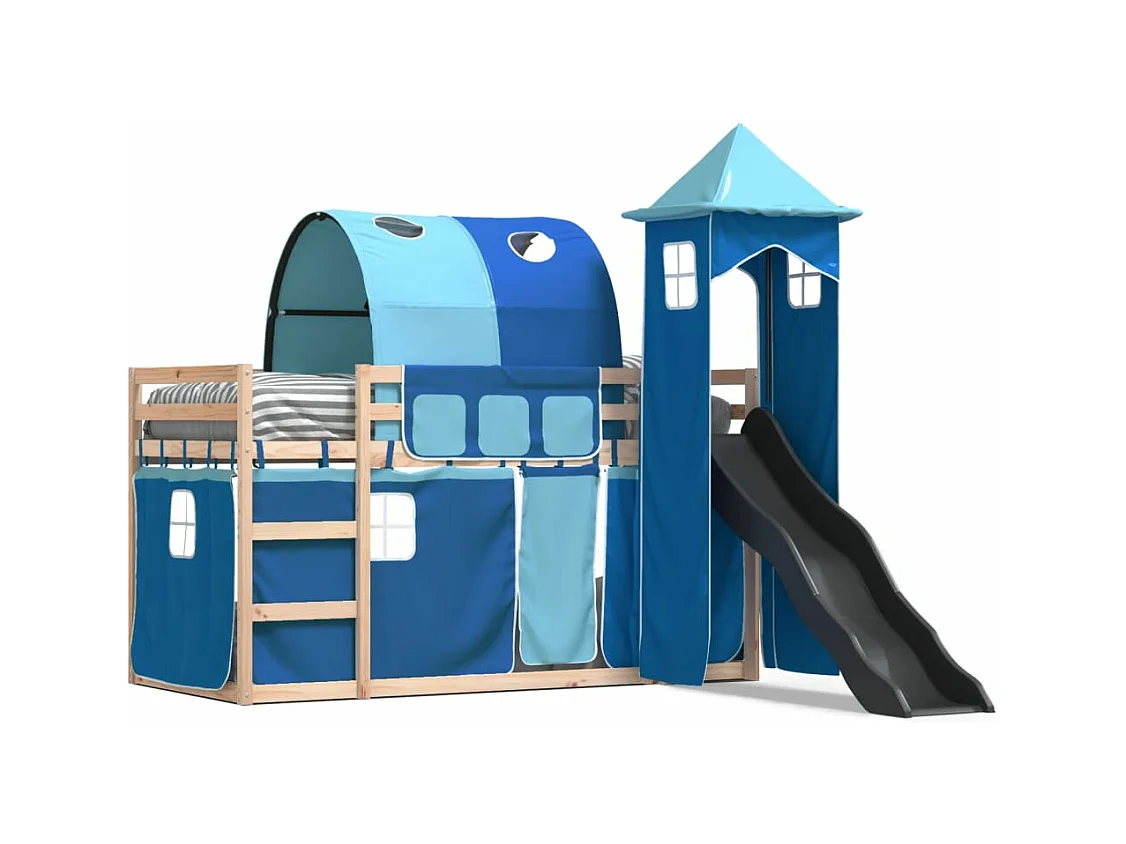 Lit superposé avec toboggan et rideaux bleu 80x200 cm FR21990