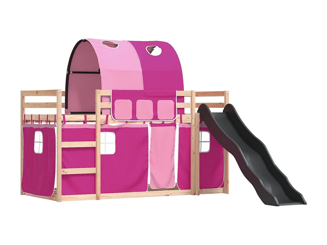 Lit superposé avec toboggan et rideaux rose 90x200 cm FR91814
