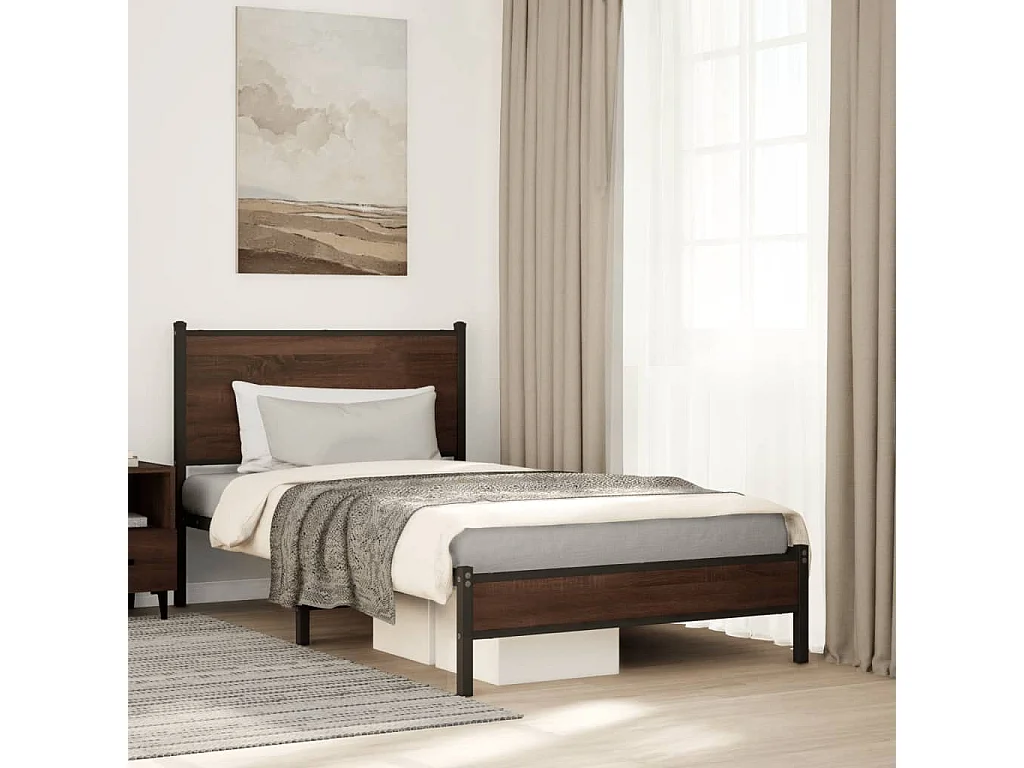 Lit adulte en métal avec tête de lit chêne marron 100x200 cm FR950908