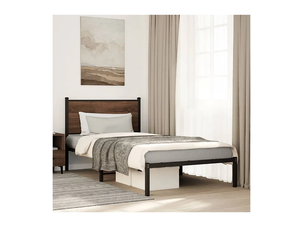 Lit adulte en métal avec tête de lit chêne marron 100x190 cm FR258193