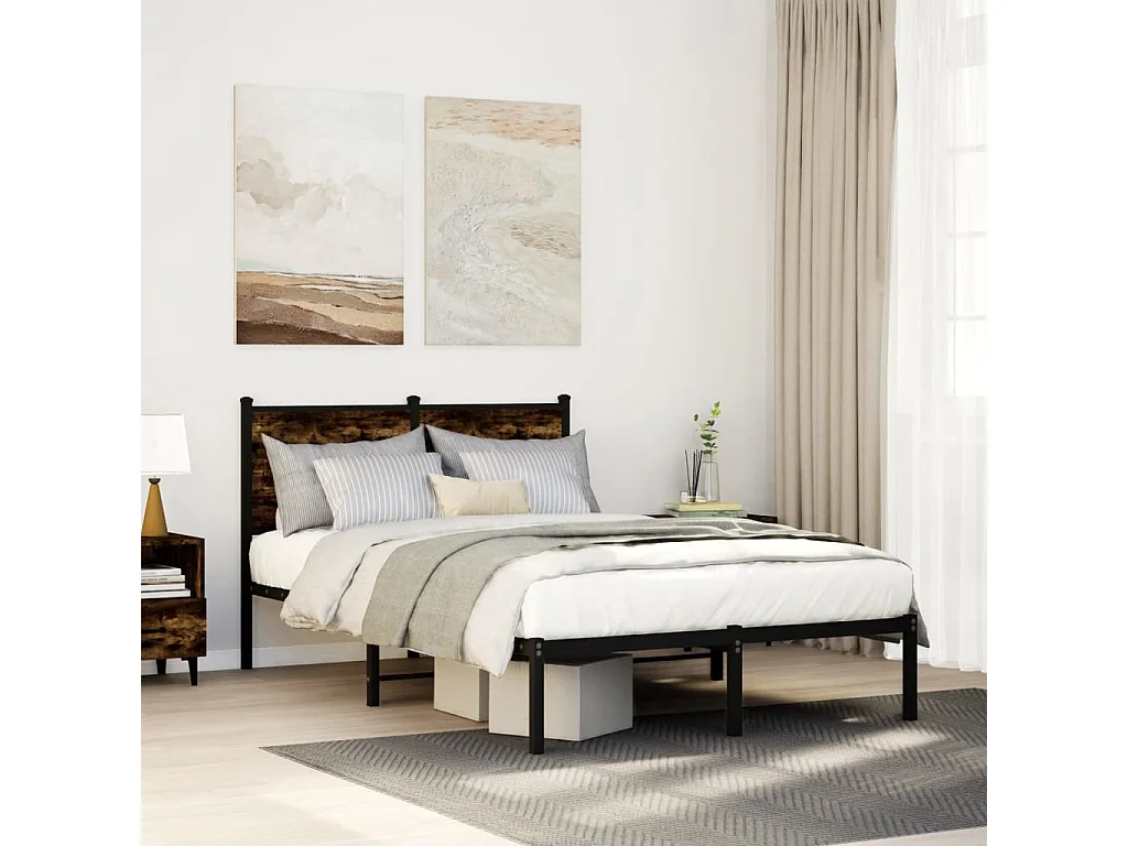 Lit adulte métal avec tête de lit chêne fumé 120x190 cm FR695873