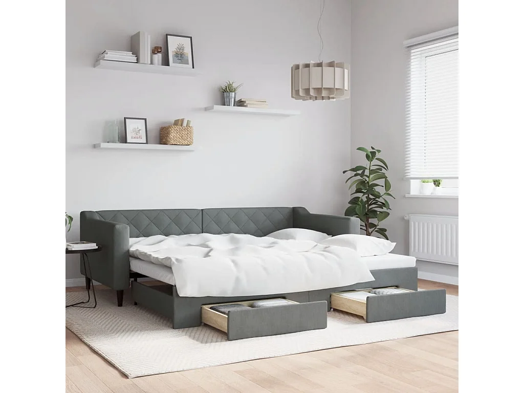 Lit gigogne - 90x200 cm et tiroirs gris foncé tissu FR37509
